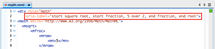 Screenshot of MathML/HTML code view with an aria-label attribute
